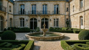 French Country Estate with Classic Stone Courtyard and Fountain