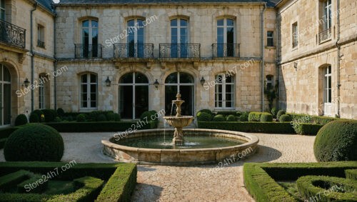 French Country Estate with Classic Stone Courtyard and Fountain