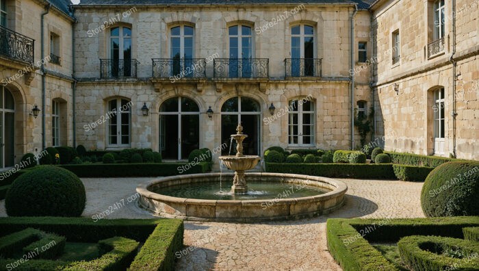 French Country Estate with Classic Stone Courtyard and Fountain