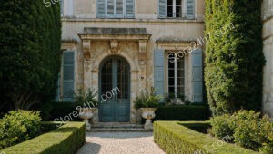 French Country Estate with Elegant Shutters and Lush Garden