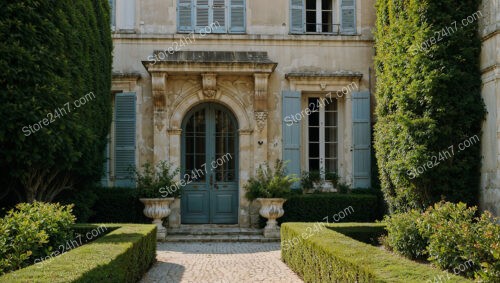 French Country Estate with Elegant Shutters and Lush Garden