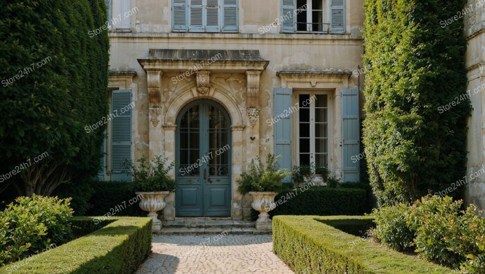 French Country Estate with Elegant Shutters and Lush Garden