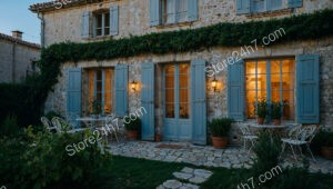 French Country House with Stone Walls and Blue Shutters
