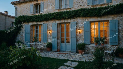 French Country House with Stone Walls and Blue Shutters