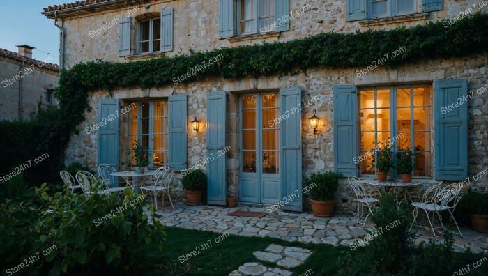 French Country House with Stone Walls and Blue Shutters