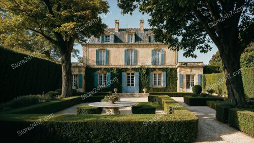 French Country Mansion Surrounded by Lush, Manicured Gardens