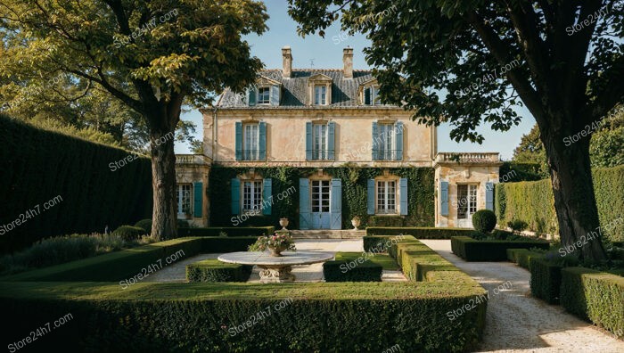 French Country Mansion Surrounded by Lush, Manicured Gardens