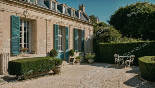 French Country Mansion with Blue Shutters and Courtyard