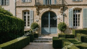 French Country Mansion with Blue Shutters and Lush Gardens