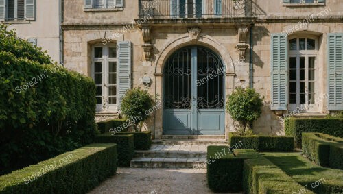 French Country Mansion with Blue Shutters and Lush Gardens