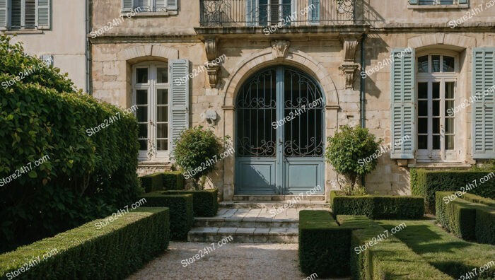 French Country Mansion with Blue Shutters and Lush Gardens