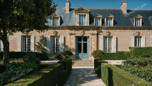 French Country Mansion with Elegant Gardens and Blue Doors