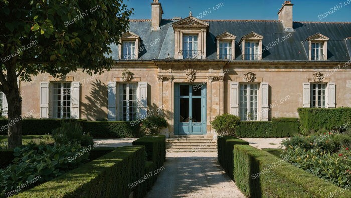 French Country Mansion with Elegant Gardens and Blue Doors