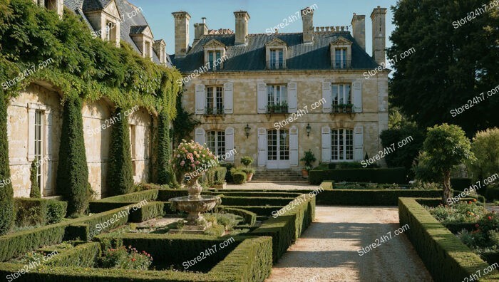 French Country Mansion with Elegant Gardens and Fountain