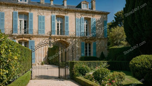 French Country Mansion with Manicured Gardens and Blue Shutters