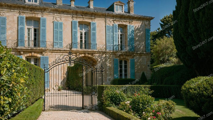 French Country Mansion with Manicured Gardens and Blue Shutters