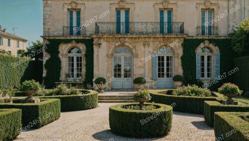 French Country Mansion with Manicured Gardens and Fountain