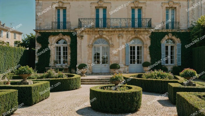 French Country Mansion with Manicured Gardens and Fountain