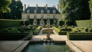 French Estate with Manicured Gardens and Grand Fountain