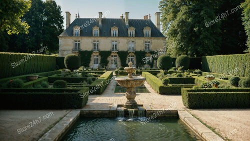 French Estate with Manicured Gardens and Grand Fountain