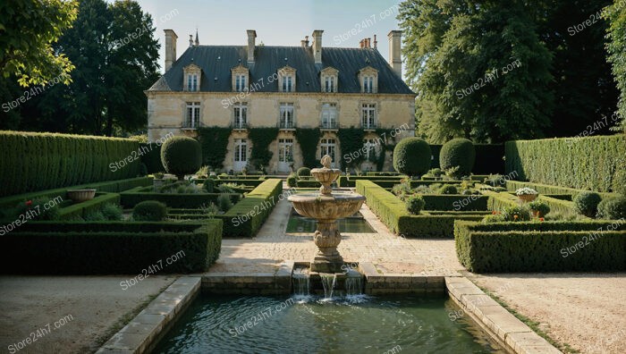 French Estate with Manicured Gardens and Grand Fountain