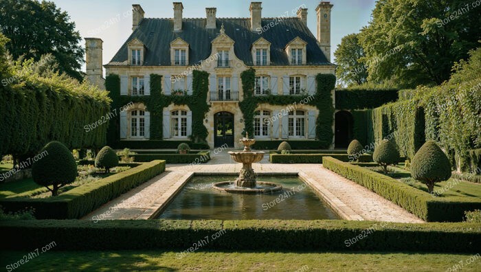 French Manor with Manicured Gardens and Central Fountain