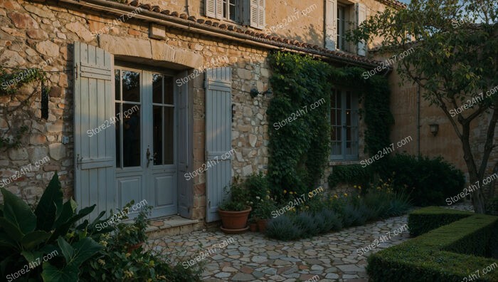 French Stone House with Ivy-Covered Walls and Shutters