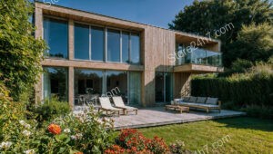 French Suburban Home with Beautiful Wooden Facade and Garden