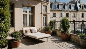 French Terrace in Elegant City Apartment with Greeneryv