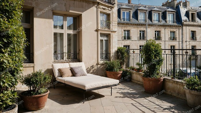 French Terrace in Elegant City Apartment with Greeneryv