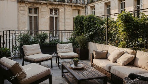 French Terrace in Luxurious City Apartment with Lush Greenery