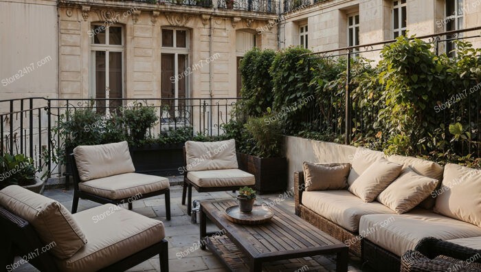 French Terrace in Luxurious City Apartment with Lush Greenery