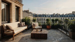 French Terrace with Elegant Cityscape and Modern Comfort