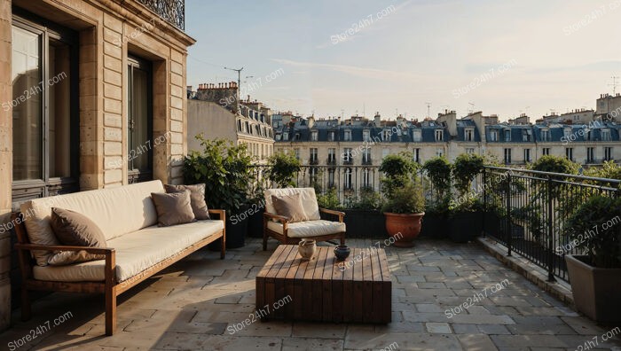 French Terrace with Elegant Cityscape and Modern Comfort