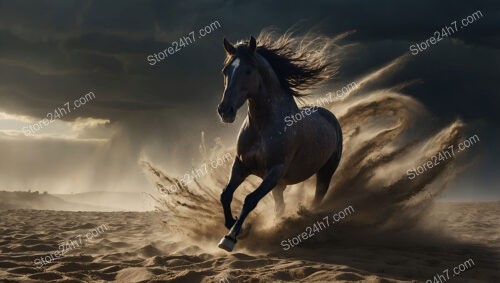 Galloping Horse Escapes the Oncoming Sandstorm and Hurricane