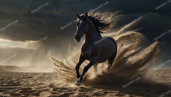 Galloping Horse Escapes the Oncoming Sandstorm and Hurricane