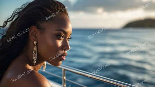 Gazing Beyond: Beautiful Woman Reflects on Yacht in Paradise