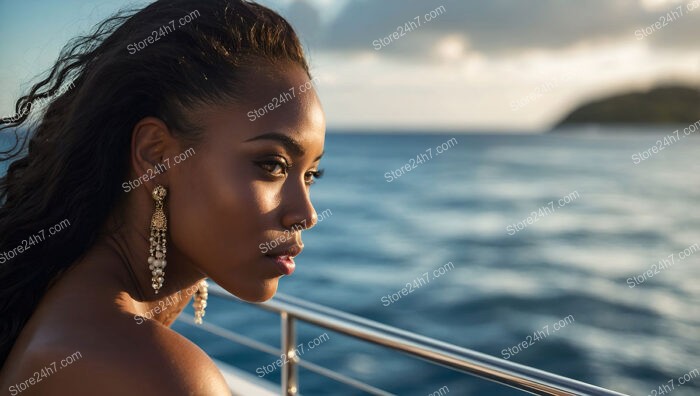 Gazing Beyond: Beautiful Woman Reflects on Yacht in Paradise