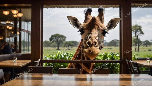 Giraffe Peeks Through Restaurant Window Creating Wild Charm
