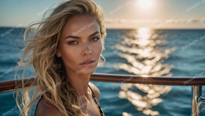 Golden Sunset: Young Woman's Serene Yacht Adventure in Paradise