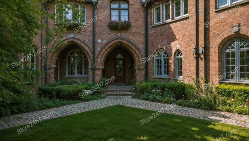 Gothic Brick Building with Arched Windows and Garden