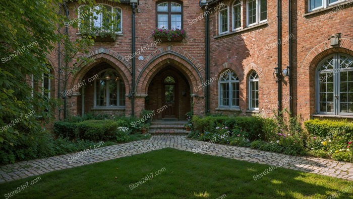 Gothic Brick Building with Arched Windows and Garden