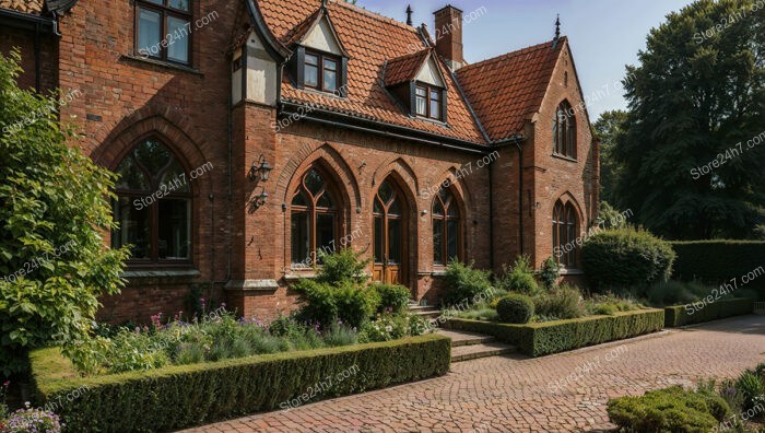 Gothic Residence with Arched Windows and Manicured Gardens