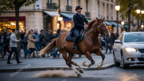 Graceful Horse and Rider in Elegant City Street Journey