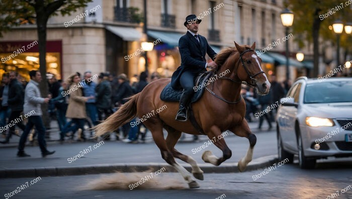 Graceful Horse and Rider in Elegant City Street Journey