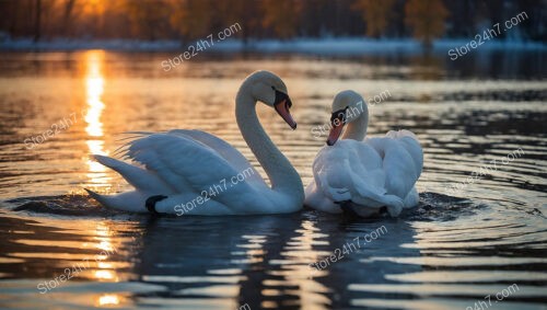 Graceful Swans Embodying Love and Tranquility in Golden Sunset