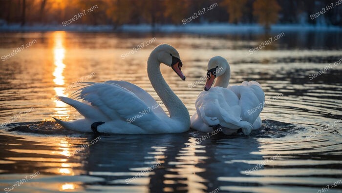 Graceful Swans Embodying Love and Tranquility in Golden Sunset