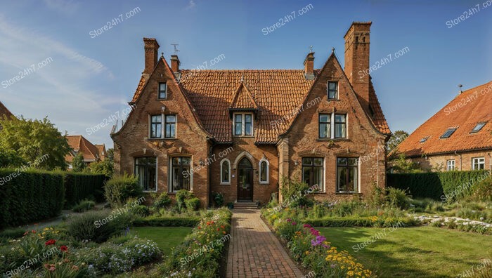 Grand Gothic House with Tower and Flower Gardens