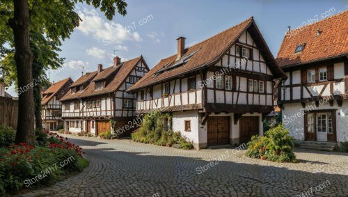 Half-Timbered Houses on a Cobblestone Street in Germany