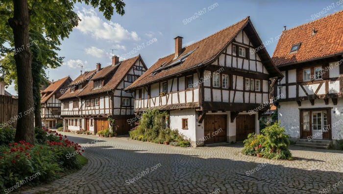 Half-Timbered Houses on a Cobblestone Street in Germany